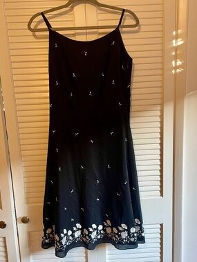VTG Ann Taylor 100% cotton Floral Embroidered Black Slip Dress